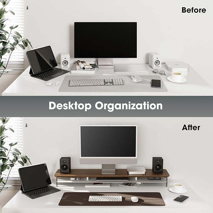 Fenge Acrylic Monitor Stand, 42.5 Inch Clear Dual Monitor Riser with Metal Storage, 2 Tier Computer Riser with LED Lights for Desk, Laptop, Printer, TV