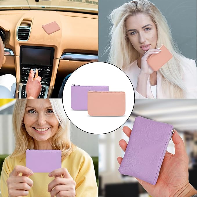 2 Pack Portable PU Leather Mini Coin Purse with Zipper for Women - Credit Card, Folded Bills, ID, Key, Headset, Lipstick (Pink&Purple)