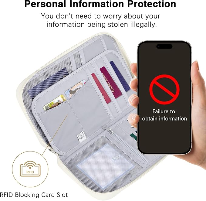 MoKo Family Passport Holder for 5, RFID Blocking Passport Wallet for Men Women, Travel Wallet Holder with Multiple Compartments, Travel Document Organzier for Cards, ID, Tickets, Keys, Beige
