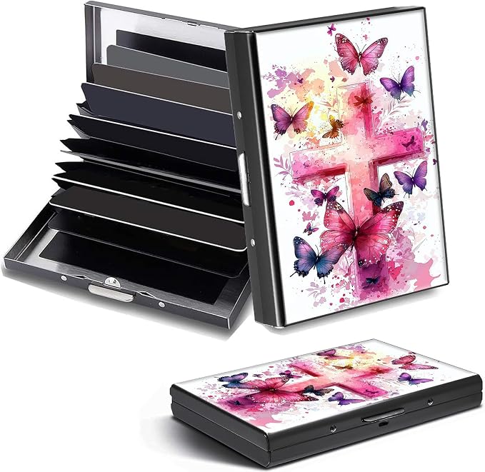 Credit Card Holder Butterfly Christian Cross Design Mini RFID Blocking Aluminum Wallet Slim Metal Hard Cover Shell Travel Wallet ID Cases Small Credit Cards Case Business Cards for Women Men Girls