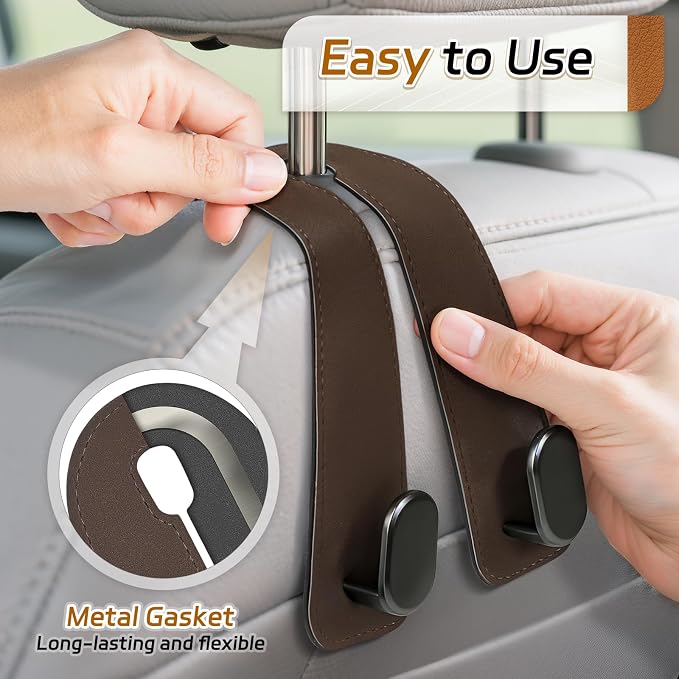 Car Seat Headrest Hooks - 4 Pack Universal Car Purse Hook, Leather Car Bag Purse Holder with Double Metal Hooks for Handbags, Grocery Bags, Bottles, Phones, Brown