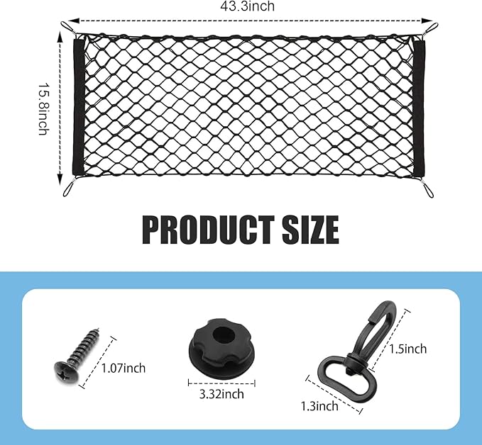 MLY Car Cargo Net, Trunk Net Stretchable Storage Mesh with Secure Hooks, Adjustable Storage Mesh, Universal Trunk Cargo Net for SUV, Sedan (43.3x15.8 Inch)