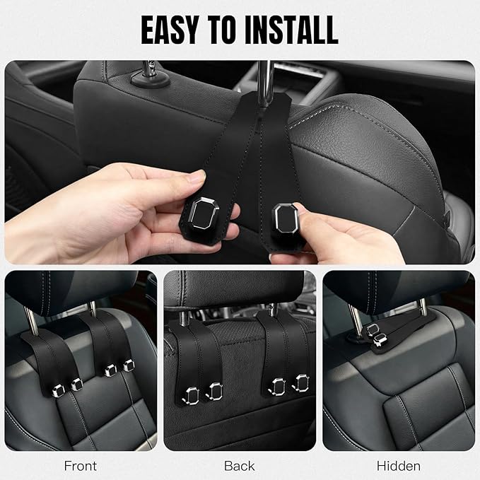 2PCS Car Hooks for Headrest, Faux Leather Purse Hook for Car Seat Back Organizers and Storage, Double Metal Purse Holder Bag Hanger, Universal Car Interior Accessories for Women Man