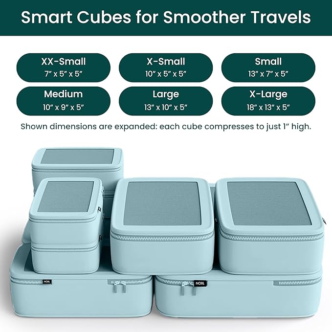 NOBL Travel Compressible Packing Cubes Set, 6 Pieces Travel Packing Organizers, Compression Luggage Cubes for Suitcases & Carry On, Space Saving (XXS, XS, S, M, L, XL) - Powder Blue