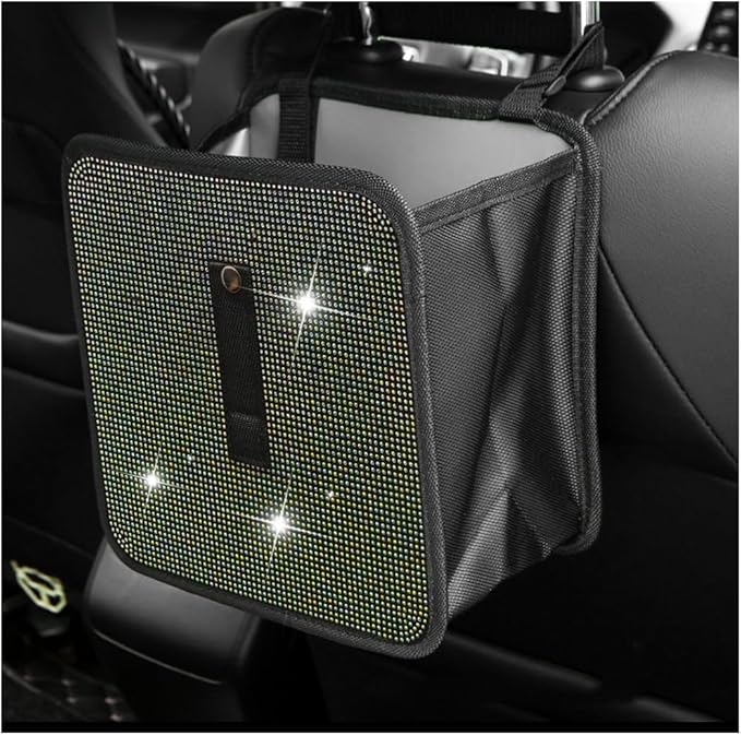 Car Trash Can, Bling Rhinestone Crystal Waterproof Hanging Garbage Bag for Car Interior, Oxford Leakproof Foldable Waste Organizer Trash Bin Universal for Most Vehicles (AB)