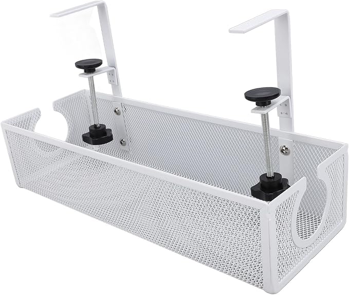 Under Desk Cable Management Tray, Carbon Steel Cord Organizer with Side Round Hole and Trapezoidal Design, Metal Desk Cable Management System for Office Study Workstation (White)