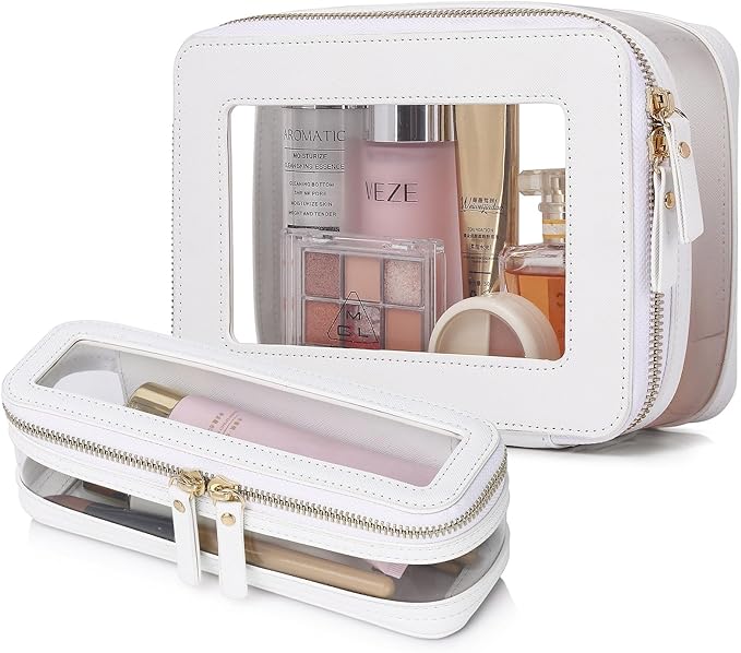 Pinkmik Clear Makeup Bag with Brush Case Travel Toiletry Bag Waterproof Cosmetic Organizer Car Essentials for Women (White,M+SLIM-1)