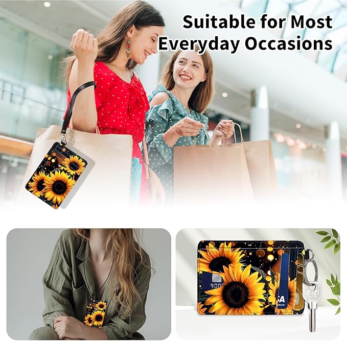 Slim Minimalist Front Pocket Wallet,Credit Card Holder Wallet for Women Men,RFID Blocking Credit Card Holder Case Leather Cute Small Thin Wallet ID Window&Wrist Strap,Glitter Sunflower