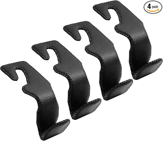 Car Headrest Hooks for Purses and Bags Vehicle Back Seat Headrest Hanger Matching Cars Interior Genuine Leather Storage Holder Hook, 4 Pack, Black