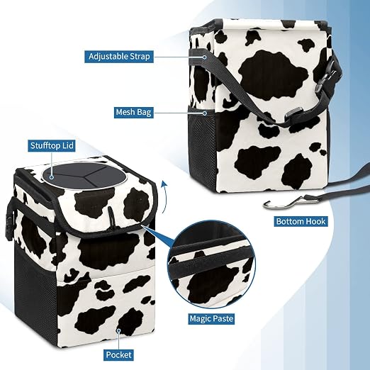 Black White Cow Print Car Trash Can with Lid Collapsible Reusable Waterproof Car Garage Bag,Automotive Garbage Can,Car Accessories Interior Car Organizer