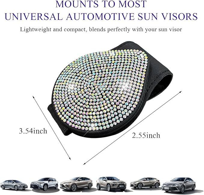 KVAEY Bling Sunglass Holder for Car Visor, Magnetic Leather Visor Clip Glasses Holder with Sparkling Rhinestones, Crystal Visor Ticket Card Clip for Women Girls, Car Accessories (Black & Colorful)