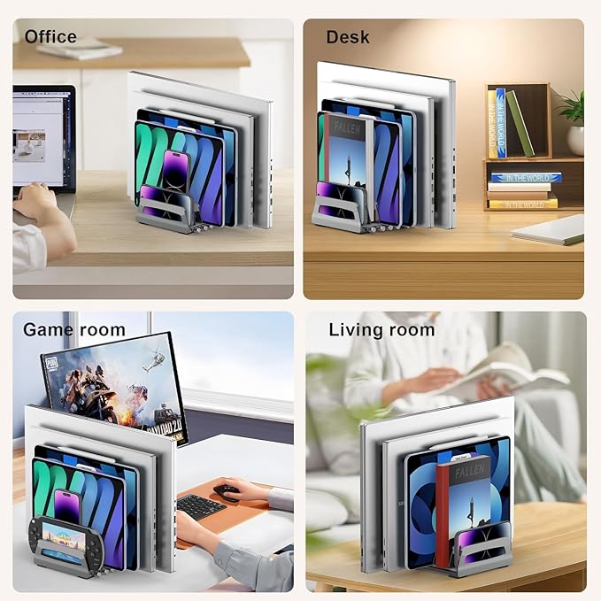 Elestoria 6-Slot Vertical Laptop Stand & Holder ?“Adjustable Aluminum Laptop Stand Vertical for Desk Fits 6 Devices, MacBook & Gaming Laptops (Up to 17.3???“Space Saving Laptop Storage Rack - Grey