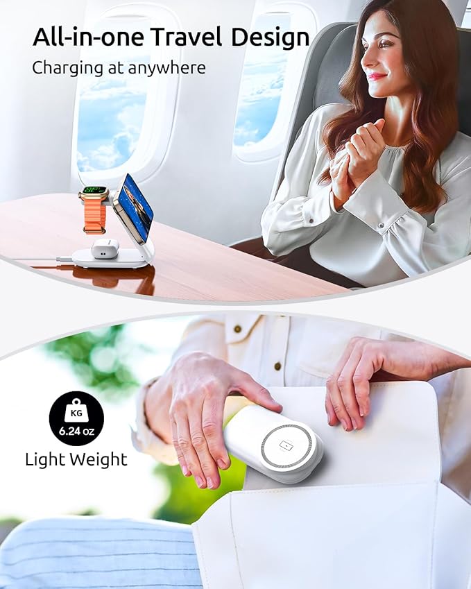 3-in-1 Wireless Charging Station for MagSafe,Foldable Magnetic Stand for iPhone 17/16/15-12 Series, Apple Watch/AirPods,Fast Charger for Qi Phones - Ideal for Home/Office/Travel (White, Normal)