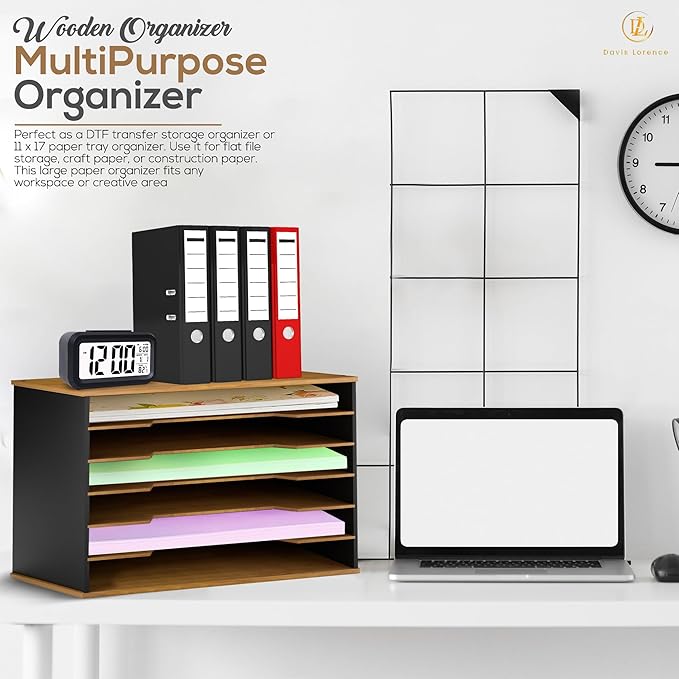 Wooden Paper Organizer 20.25"W x 12.25"H x 13.25"D, 6-Tier Storage for 12"x18" & 11"x17" Sheets, Includes Matching Pen Holder & Tray, Ideal for Office, Home, Art Room and Classroom