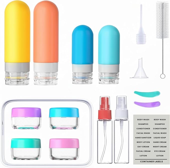 Laxen 5 Pack Travel Bottles for Toiletries with Labels, 90ml/3.0oz Silicone Travel Bottles Set with Zipper Toiletry Bag, Leakproof Refillable Squeeze Travel Size Containers (16 Pack Yellow)