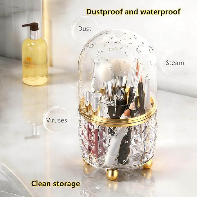 360° Rotating Pencil Holder for Desk, Makeup Brush Holder with 6 Slots, Desk Organizer for Writing Utensil, Office and School Supplies (Clear with cover)