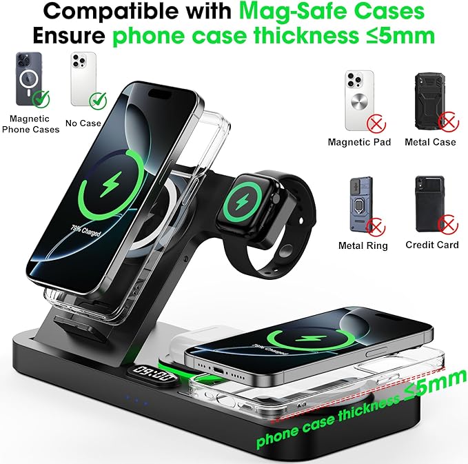 Dual Phone Wireless Charging Station for Apple Devices, Magnetic Charging Station for iPhone with Auto Switch 7-Color Light&Clock, Family Watch Charger for iPhone17 for iWatch11 for AirPods Pro3(Black