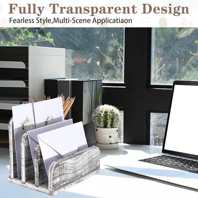 Briwooody Wooden Mail Organizer 3 Slots Mail Holder for Desk Wood File Paper Letter Holder for Letter Envelope Filing Cell Phone Document Storage, Organizer Tray for Office and Home(Old White)