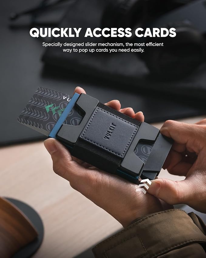VULKIT Minimalist Pop Up Wallet RFID Blocking Aluminum Credit Card Holder with Expandable Backplate, Holds 12 Cards and Cash for Men and Women Navy