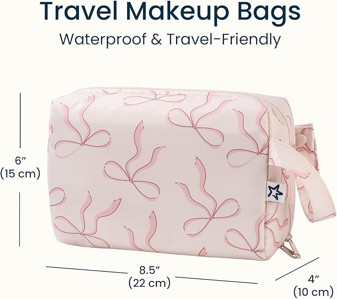 Tiny Twinkle Waterproof Travel Toiletry & Makeup Bag Organizer | Makeup Pouch with Multiple Compartments & Snap Handle for Travel | Gift for Teen Girls and Women (Bows)