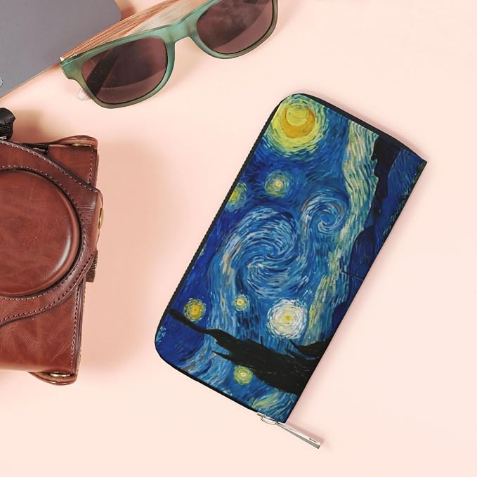 The Starry Night Wallet for Men Women Elegant Long Clutch Zip Around Travel Leather Coin Purse Large Capacity Credit Card Holder Handbag