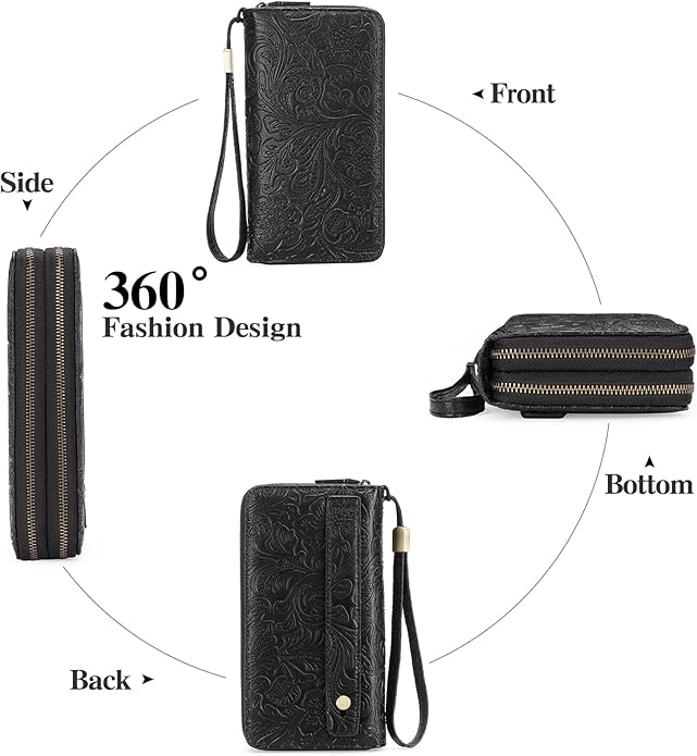 GOIACII Women's Wallet Wristlet Ladies Phone Purse RFID Blocking Large Card Holder Double Zip Grip Strap Vegan Leather