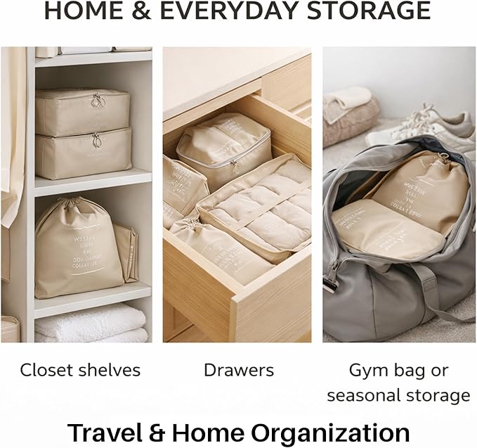 7 Set Packing Cubes For Travel | Luggage Organizer Bags With Shoe, Laundry Bag, Accessory Pouch And Lingerie Bag | Durable And Space Saving Suitcase Organizer For Travel Essentials | Beige