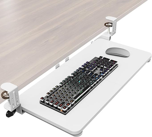 Ergonomic Keyboard Tray Under Desk, Pull Out with Adjustable C-clamp, 25.6 (31.5 Including Clamps) x 11.8 Inch Slide Out Computer Keyboard Drawer Mouse Tray for Typing, Large & White
