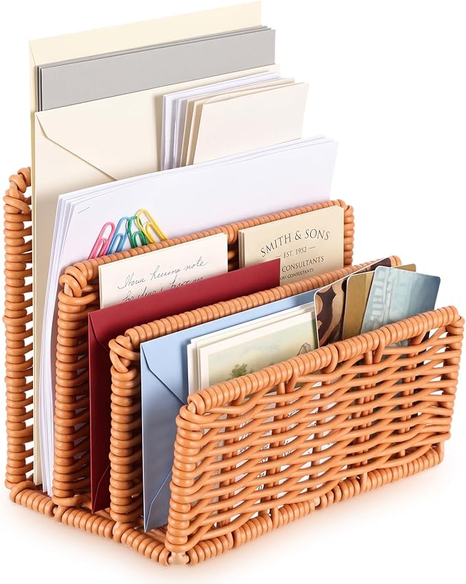 Rattan Mail Organizer for Desk Mail Holder Countertop with 3 Slot Rattan Letter Sorter File Holder Envelope Book Stand Office Desk Organizer and Storage Accessories