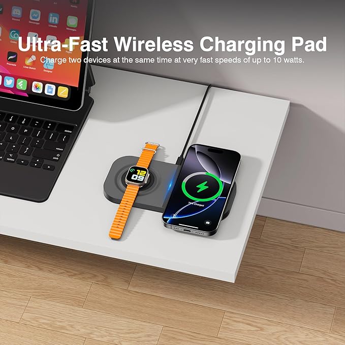 Magnetic Wireless Charging Station,2 in 1 Travel Fast Wireless Charger for iPhone 17/16/15/14/13/12 Series, Magnetic Qi Certified Charger Dock Stand for AirPods & Apple Watch Series