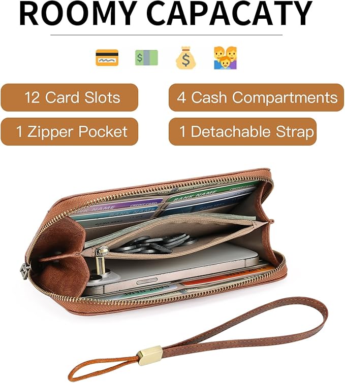 GOIACII Wallet for Women Ladies Wristlet Long Purse Zip Around Clutch RFID Blocking Vegan Leather