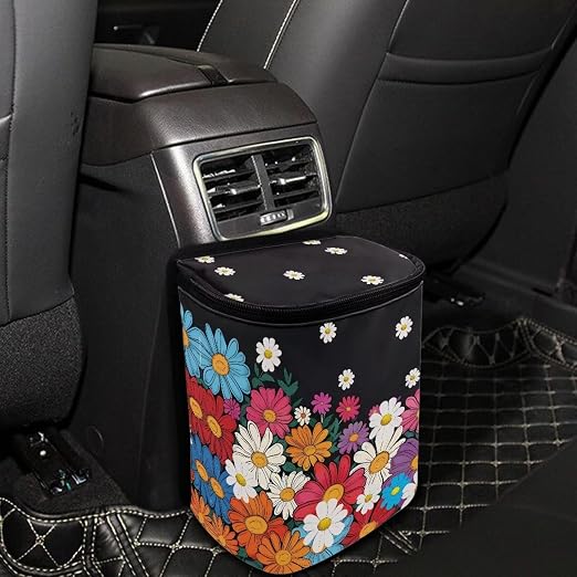 Biyejit Colorful Daisy Car Trash Can with Lid Hanging Car Trash Bag Leak-Proof Portable Car Garbage Bin Car Accessories Interior Car Organizer Bag