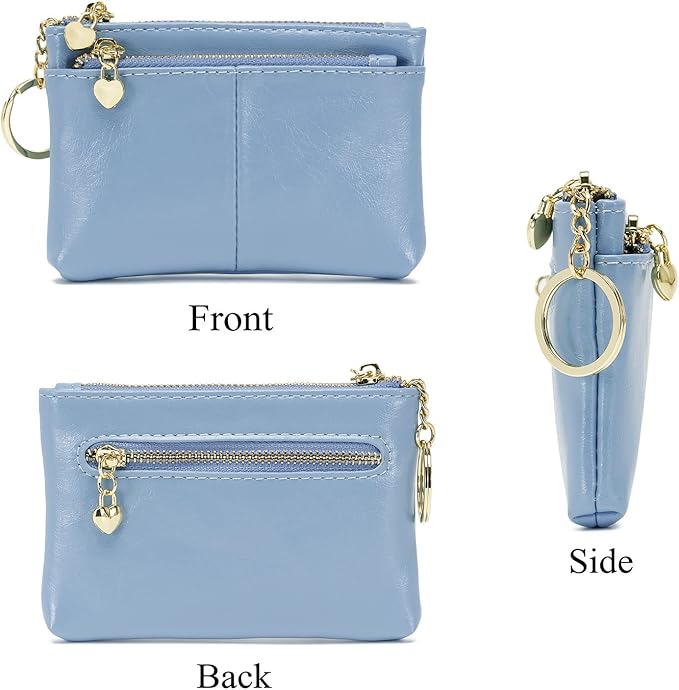 ZOOEASS Women PU Leather Zip Mini Coin Purse With Key Ring Triple Zipper Card Holder Wallet (Blue)