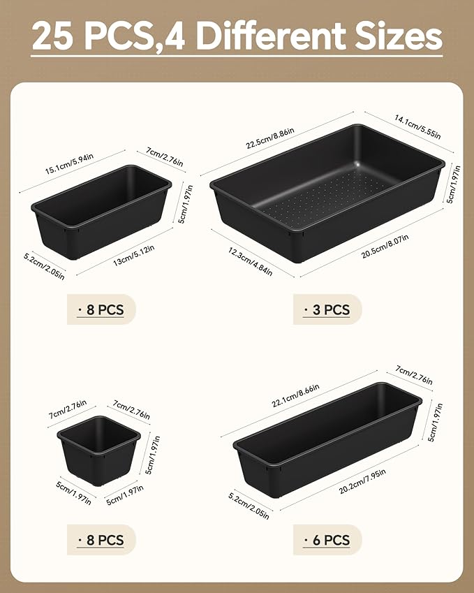 KEMETHY 25 PCS Plastic Drawer Organizers Set, 4 Sizes Vanity Organizer, Makeup and Desk Drawer Organizer Trays, Organization and Storage for Makeup, Bathroom, Kitchen Utensils and Office (Black)