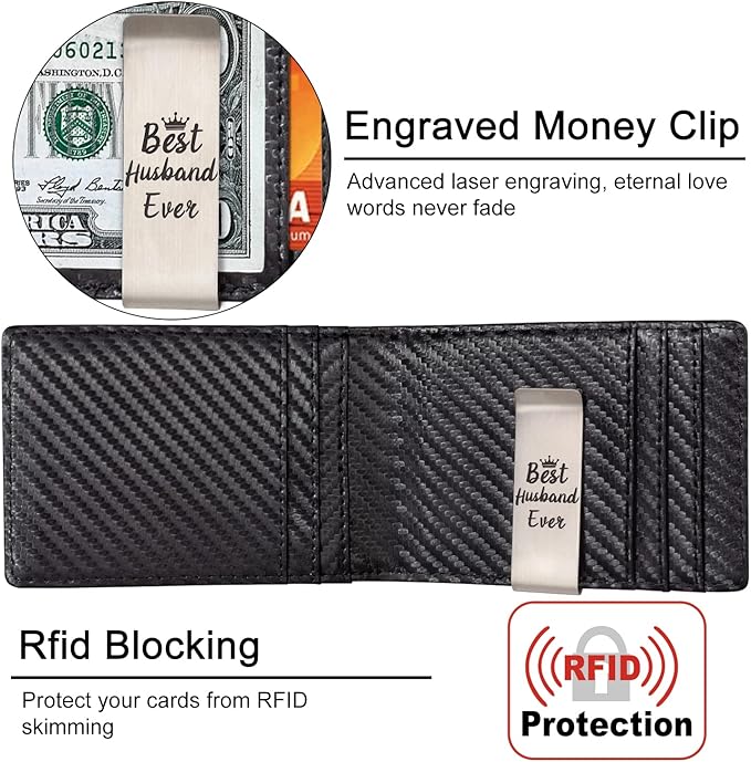 kullder Personalized Wallet for Husband from Wife Gift Engraved Mens Wallets Slim Bifold with Clip Best Husband Ever Gift Man Birthday Anniversary Christmas Gifts RFID Card Holder for Man