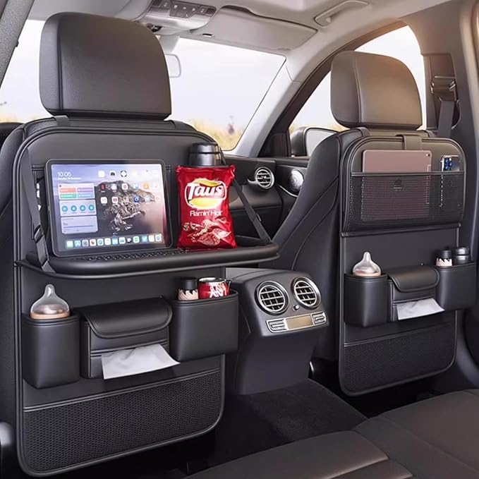 Foldable Car Table for Backseat Headrest with Big Pockets Waterproof Leather, Back Seat Car Organizer with Tray, Seat Organizer for Backseat