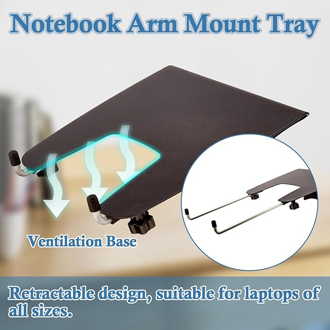 Laptop Stand Arm Mount Tray – Adjustable Ergonomic Desk Accessory, VESA-Compatible with Display Arms, Fits Laptops Up to 12lbs, Anti-Slip, Black