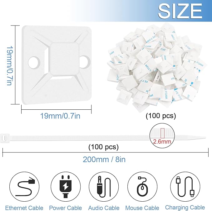 Zip Tie Mounts - SeuYeugX 100 PCS Cable Self Adhesive Mounts Set for Wire Management with Stick Pads Anchors Clips Squares Holders (White)