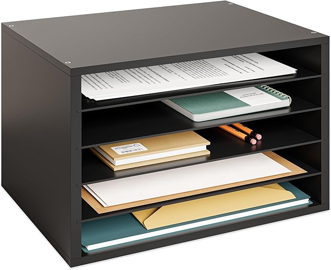 Ballucci 5 Tier Paper Organizer Letter Tray, Wood Desk File Organizer with Adjustable Shelves, Home Office School Letter/A4 Mail Sorter Magazine Holder - Black