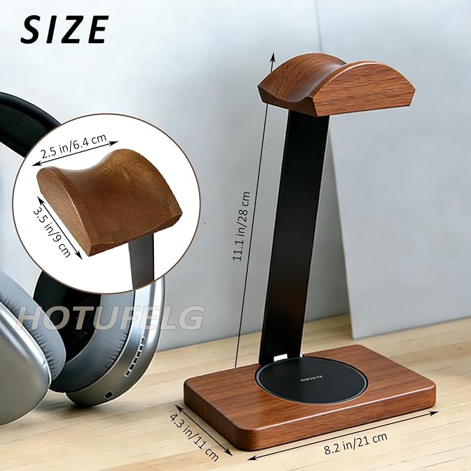 Solid Wooden Headphone Holder with Qi Wireless Charging Pad,Heavy Duty Wood Universal Headset Stand Compatible with Airpods Max,Bose,Razer,AKG,Equipment Accessories for Walnut Desk,Gift Choice