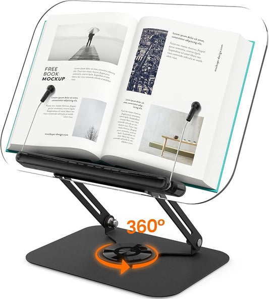 BYMECOST Acrylic Book Stand for Reading, Adjustable Book Holder with 360° Rotating Base & Elastic Page Clips, Foldable Desktop Riser Stand for Cookbook,Laptop,Tablet,Music Scores,Recipe,Textbook,Black