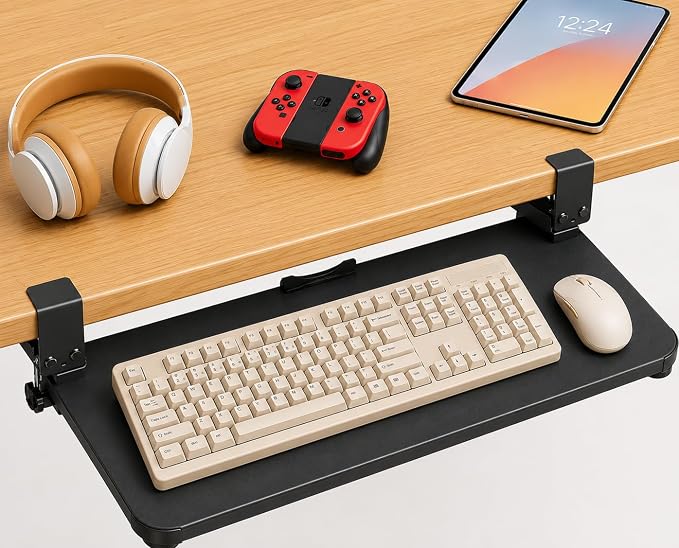 Under Desk Keyboard Tray Slide Out, 25 x 9.8 Inch Clamp-On Pull Out Drawer with Mouse Space, Ergonomic Keyboard Holder for Comfortable Typing at Home and Office