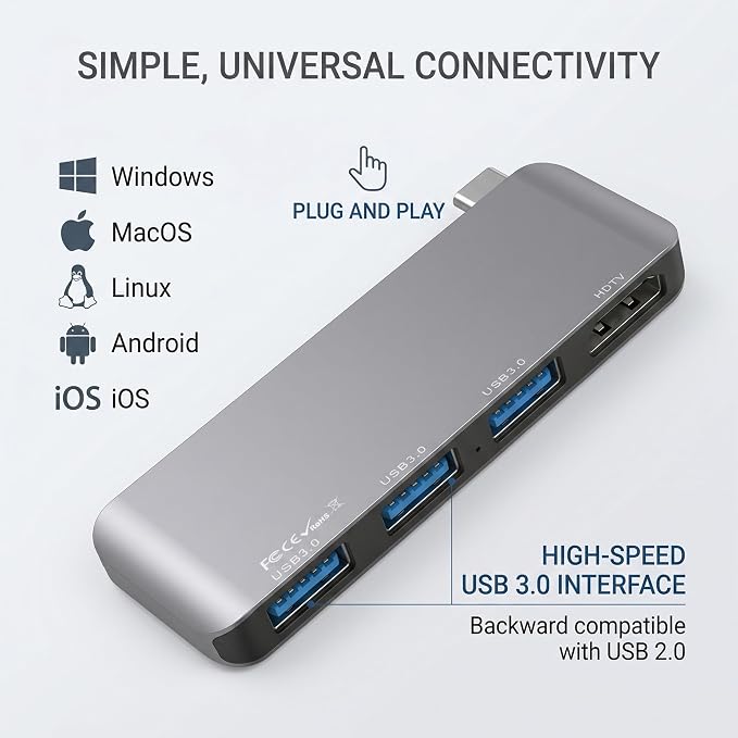 Direct-Plug USB C Hub HDMI 4K Docking Station with 3 USB 3.0 Ports 5Gbps | Flush-fit USB-C hub, easy to plug and unplug with one hand. Compact size saves desk space and enables convenient storage