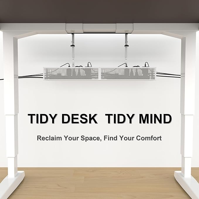 Under Desk Cable Management Tray - Fits up to 1.77" Thick Desks, No-Drill Clamp-on Wire Organizer, Reversible Inward/Outward Install, Heavy Duty Metal Power Strip Holder for Home Office & Gaming Desk