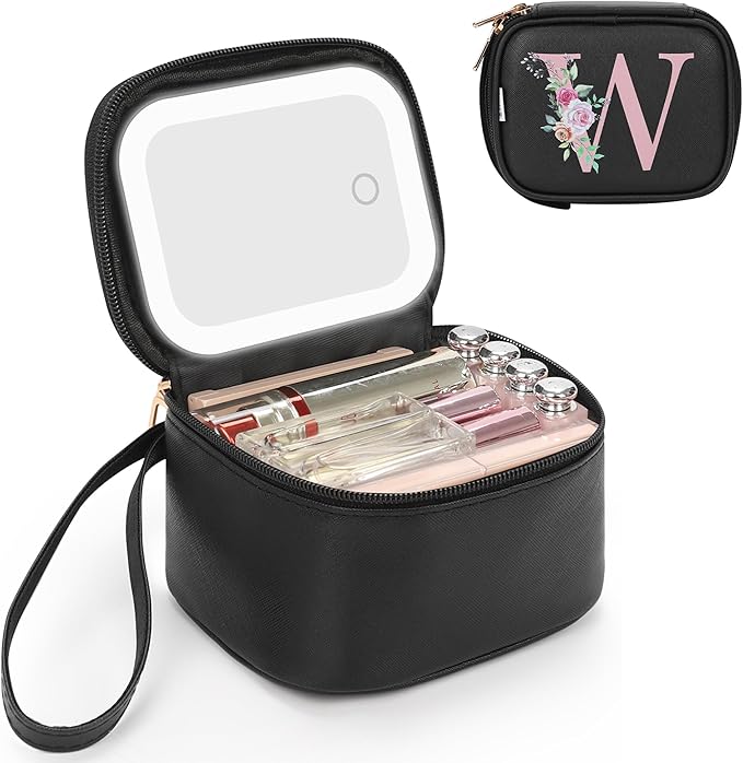 Relavel Mini Makeup Bag with Led Mirror, Initial Make Up Bag for Women, Personalized Travel Cosmetic Pouch with 3 Light Modes, Birthday Gifts for 11 12 13 14 15 16 17 18 Years Old Girl - Black W