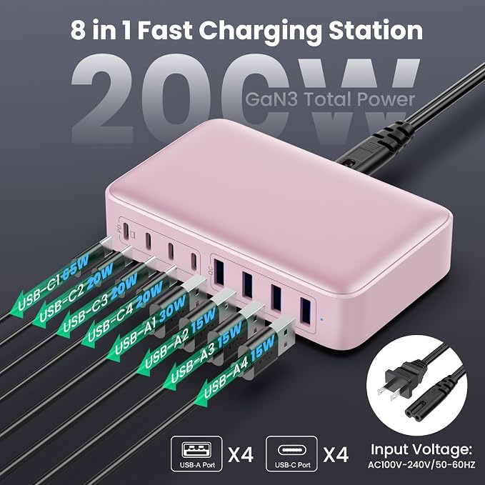 USB C Charger 200W USB C Charger Block,Upgraded GaN III 8-Port Fast Charging Station Hub,PD 65W Laptop Charging Adapter Compatible with MacBook Pro/Air,DELL,Steam Deck,iPhone 16/15/14,Galaxy S23/22