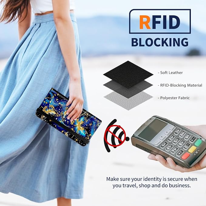 Premium PU Leather Checkbook Cover for Men & Women,RFID Blocking Slim Check Book Holder with Duplicate Check Divider & Pen Holder,Fits Standard Personal Checks,Blue Gilded Butterfly