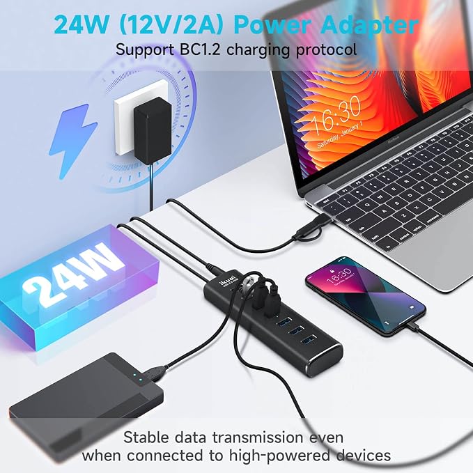 Powered USB 3.0 /USB C Hub, ikuai Aluminium 7-Port USB Hub Splitter with AC Adapter LED Individual On/Off Switches and 3.3ft Extended Long Cable for Laptop, Mac, PC, Flash Drive, Mobile HDD