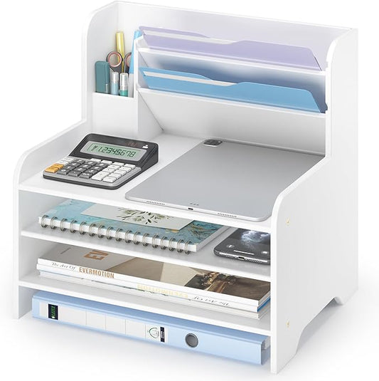 Desk File Organizer - 6-Tier Desktop Mail Letter Tray Paper Document Organizer with Pen Holder for Home Office Supplies, Office Desk Accessories & Workspace (White)