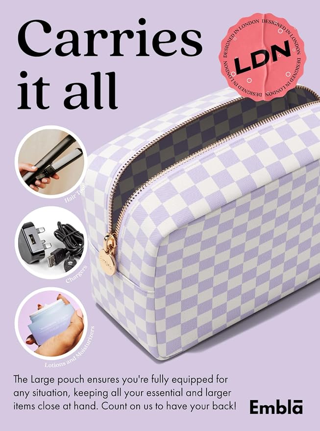 Embla Makeup Bag Travel Cosmetics Pouch and Toiletry Bag, Nylon Zipper Pouch Purse, Cute Make Up Organizer Storage Tote for Women Girls, Travel Skincare Case, Large Makeup Case, Dusty Rose Checkered